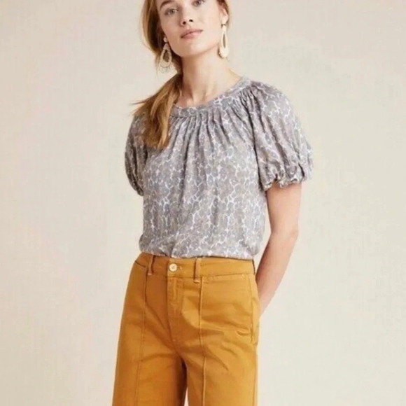 Maeve Anthropologie Leopard Puff Sleeve 100% Linen Top Size XS - Picture 2 of 10